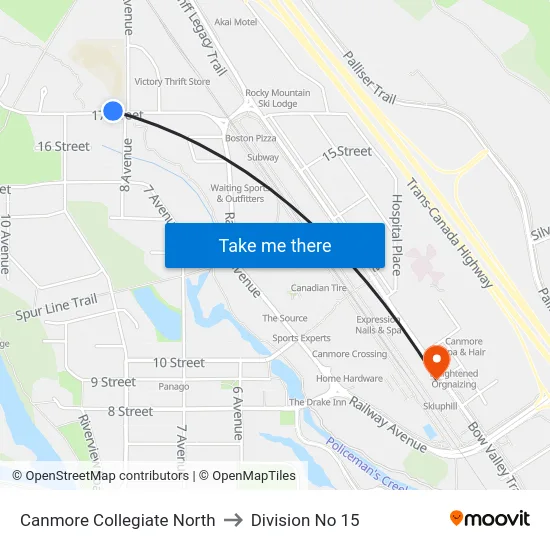 Canmore Collegiate North to Division No 15 map