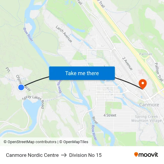 Canmore Nordic Centre to Division No 15 map