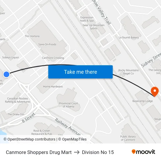 Canmore Shoppers Drug Mart to Division No 15 map