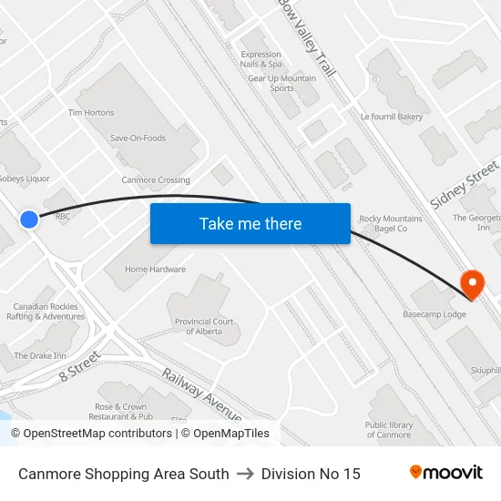 Canmore Shopping Area South to Division No 15 map