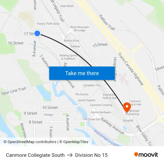 Canmore Collegiate South to Division No 15 map