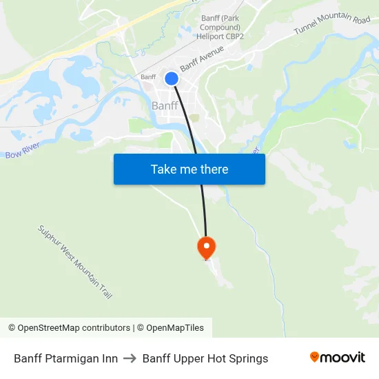 Banff Ptarmigan Inn to Banff Upper Hot Springs map