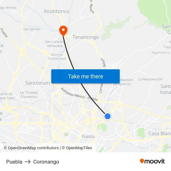 Puebla to Coronango map