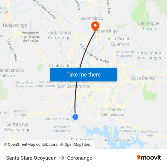 Santa Clara Ocoyucan to Coronango map