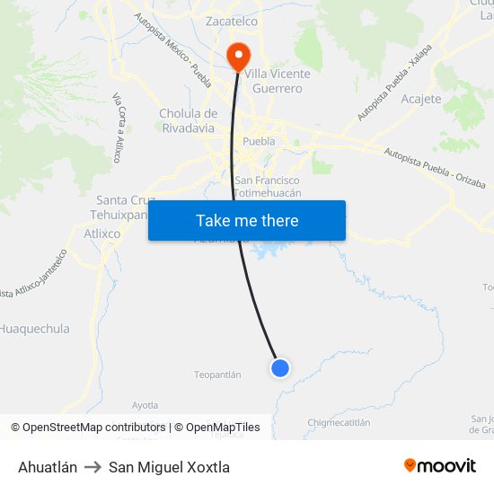 Ahuatlán to San Miguel Xoxtla map