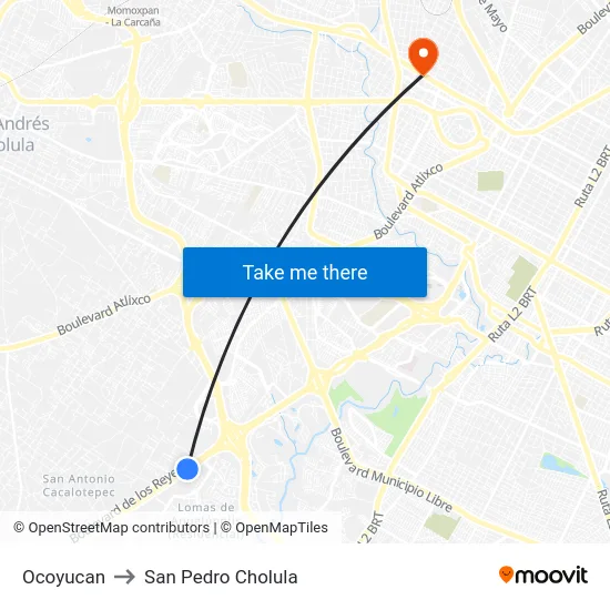 Ocoyucan to San Pedro Cholula map