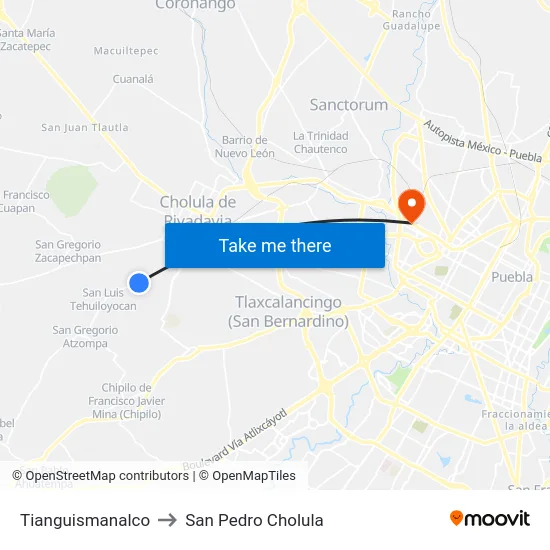 Tianguismanalco to San Pedro Cholula map