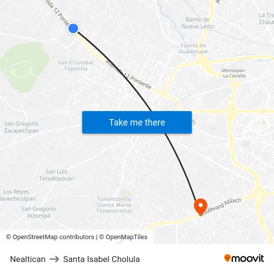 Nealtican to Santa Isabel Cholula map