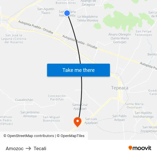 Amozoc to Tecali map
