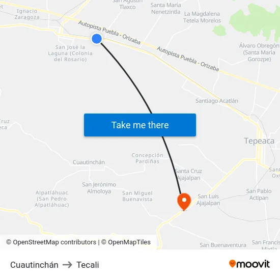Cuautinchán to Tecali map