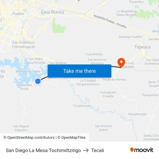 San Diego La Mesa Tochimiltzingo to Tecali map