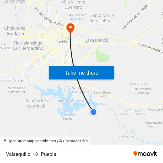 Valsequillo to Puebla map