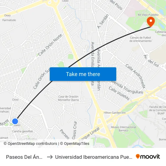 Paseos Del Ángel to Universidad Iberoamericana Puebla map