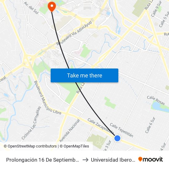 Prolongación 16 De Septiembre Boulevard Municipio Libre to Universidad Iberoamericana Puebla map