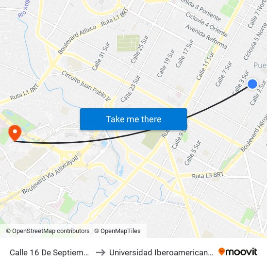 Calle 16 De Septiembre 901 to Universidad Iberoamericana Puebla map