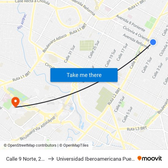 Calle 9 Norte, 267 to Universidad Iberoamericana Puebla map