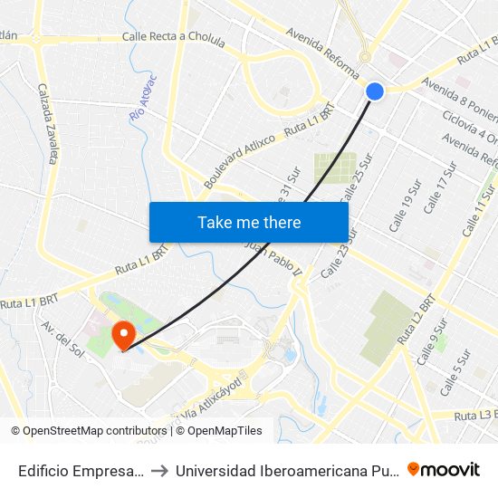 Edificio Empresarial to Universidad Iberoamericana Puebla map