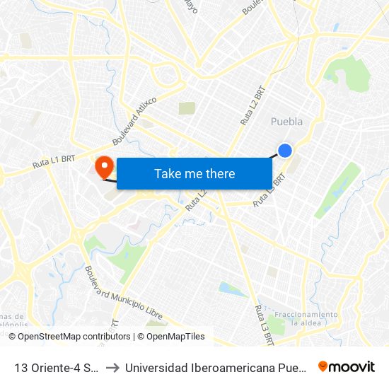 13 Oriente-4 Sur to Universidad Iberoamericana Puebla map