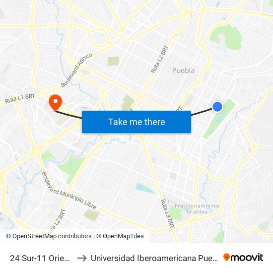 24 Sur-11 Oriente to Universidad Iberoamericana Puebla map