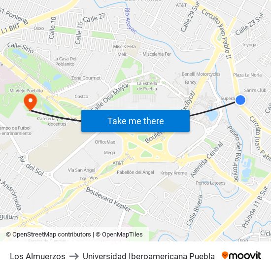 Los Almuerzos to Universidad Iberoamericana Puebla map