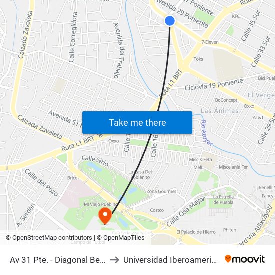Av 31 Pte. - Diagonal Benito Juárez to Universidad Iberoamericana Puebla map