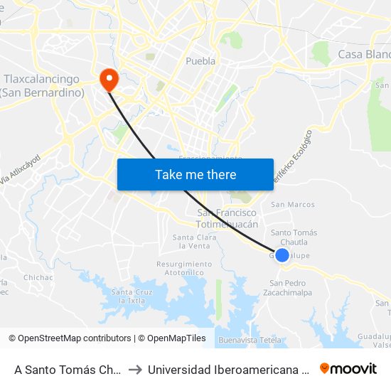A Santo Tomás Chautla to Universidad Iberoamericana Puebla map