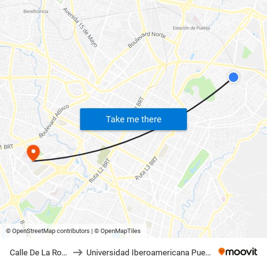 Calle De La Rosa to Universidad Iberoamericana Puebla map