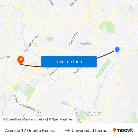 Avenida 12 Oriente General Miguel Negrete-28 Norte to Universidad Iberoamericana Puebla map