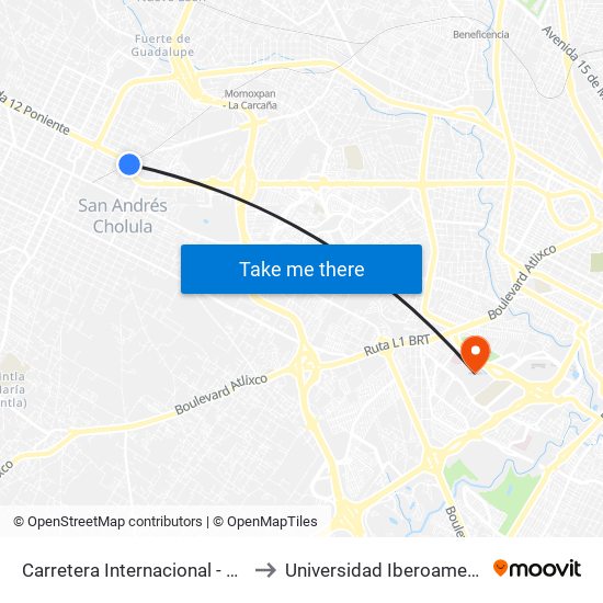 Carretera Internacional - Av Los Fresnos to Universidad Iberoamericana Puebla map