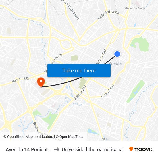 Avenida 14 Poniente 116 to Universidad Iberoamericana Puebla map