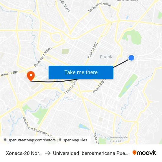 Xonaca-20 Norte to Universidad Iberoamericana Puebla map