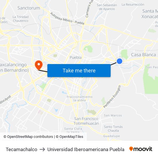 Tecamachalco to Universidad Iberoamericana Puebla map