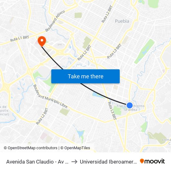 Avenida San Claudio - Av Rio Papagayo to Universidad Iberoamericana Puebla map