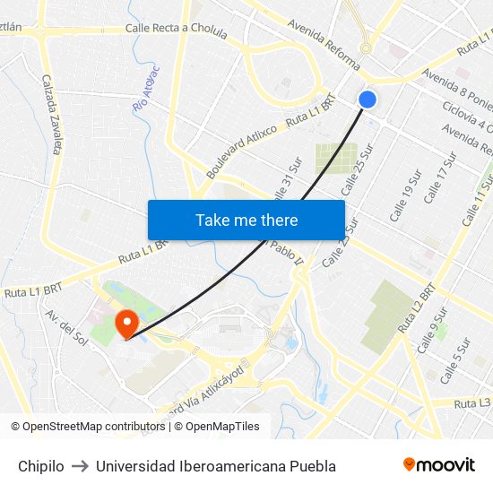 Chipilo to Universidad Iberoamericana Puebla map