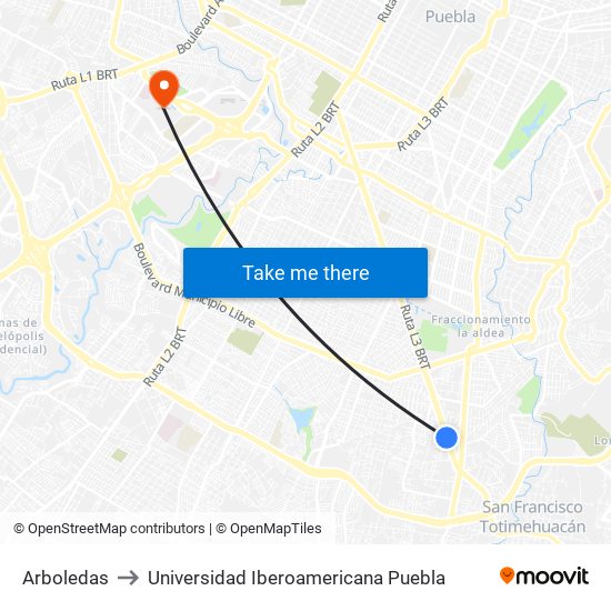 Arboledas to Universidad Iberoamericana Puebla map