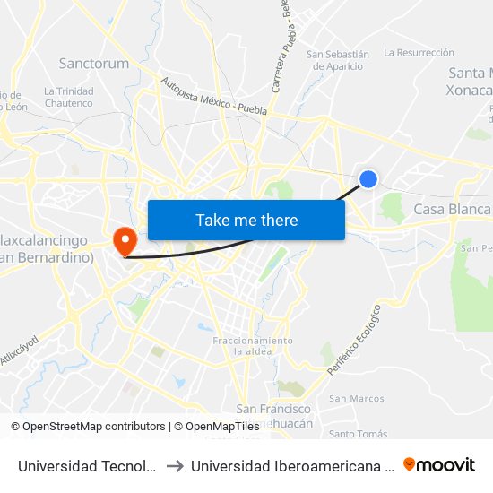 Universidad Tecnológica to Universidad Iberoamericana Puebla map