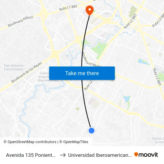 Avenida 135 Poniente, 301_2 to Universidad Iberoamericana Puebla map
