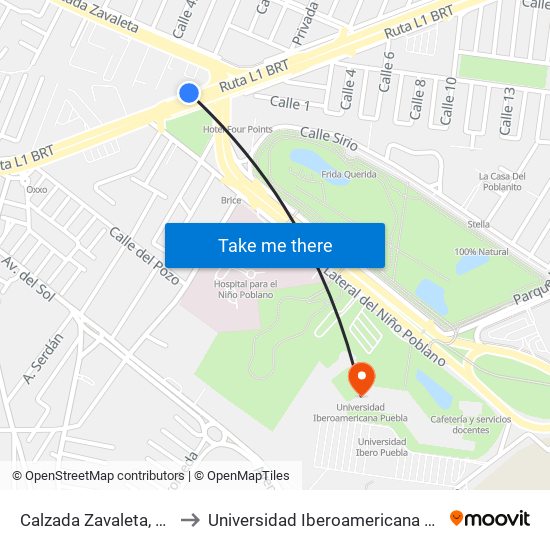 Calzada Zavaleta, 5507 to Universidad Iberoamericana Puebla map