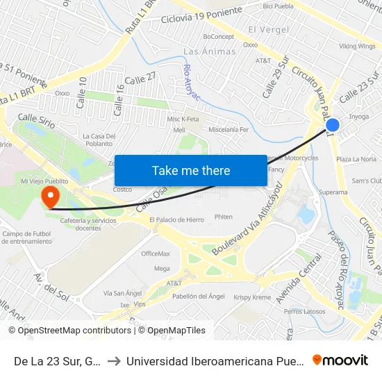 De La 23 Sur, G_3 to Universidad Iberoamericana Puebla map