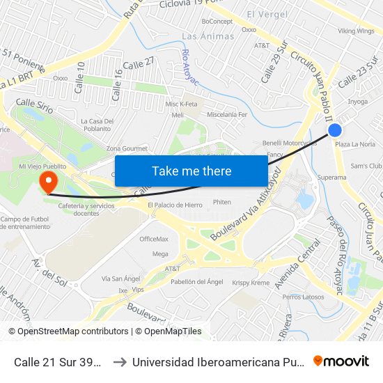 Calle 21 Sur 3919a to Universidad Iberoamericana Puebla map