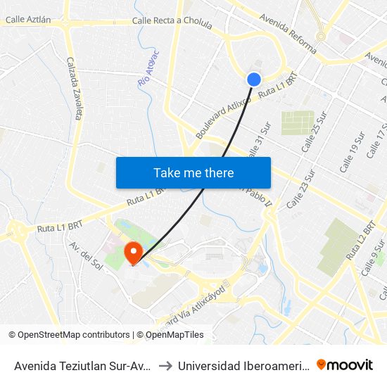 Avenida Teziutlan Sur-Av. Matamoros to Universidad Iberoamericana Puebla map