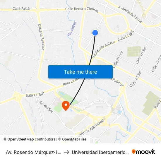 Av. Rosendo Márquez-19 Poniente to Universidad Iberoamericana Puebla map