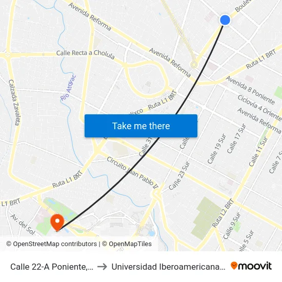 Calle 22-A Poniente, 3101 to Universidad Iberoamericana Puebla map