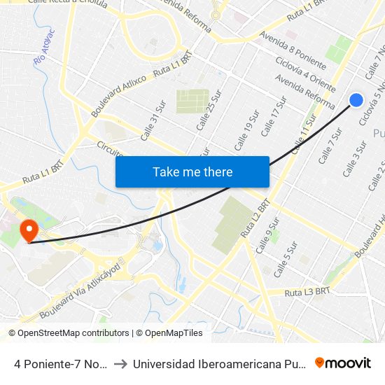 4 Poniente-7 Norte to Universidad Iberoamericana Puebla map