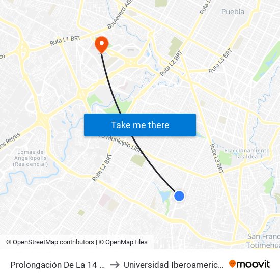 Prolongación De La 14 Sur 10234 to Universidad Iberoamericana Puebla map