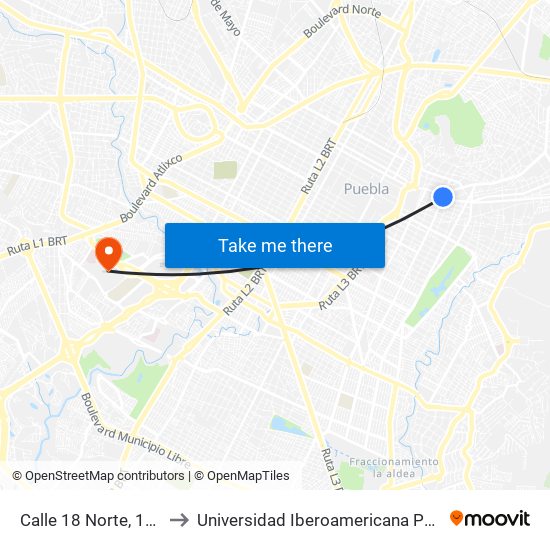 Calle 18 Norte, 1208 to Universidad Iberoamericana Puebla map