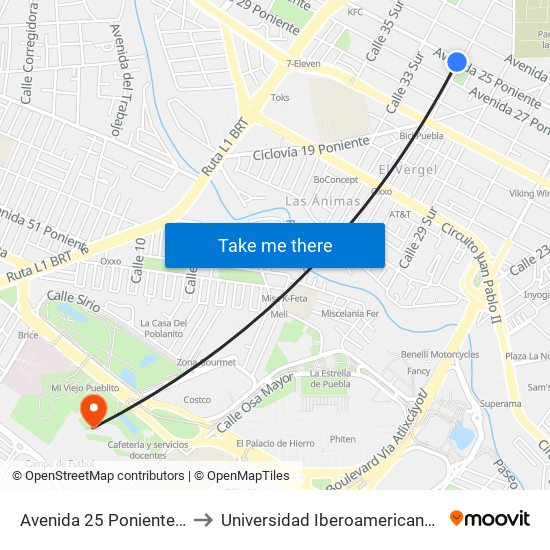 Avenida 25 Poniente, 3103 to Universidad Iberoamericana Puebla map