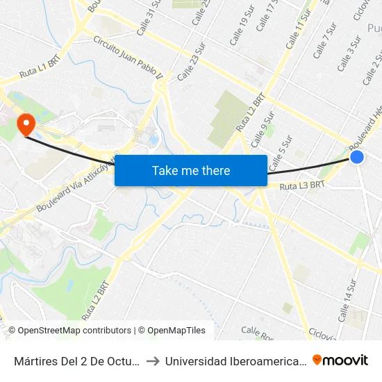 Mártires Del 2 De Octubre, 3304 to Universidad Iberoamericana Puebla map