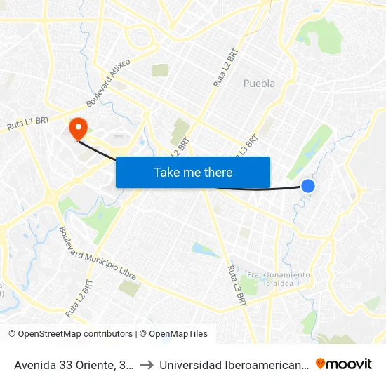 Avenida 33 Oriente, 3208_22 to Universidad Iberoamericana Puebla map