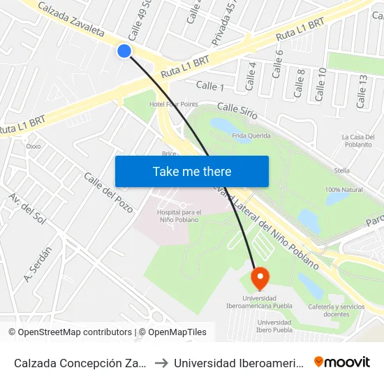 Calzada Concepción Zavaleta, 5626 to Universidad Iberoamericana Puebla map